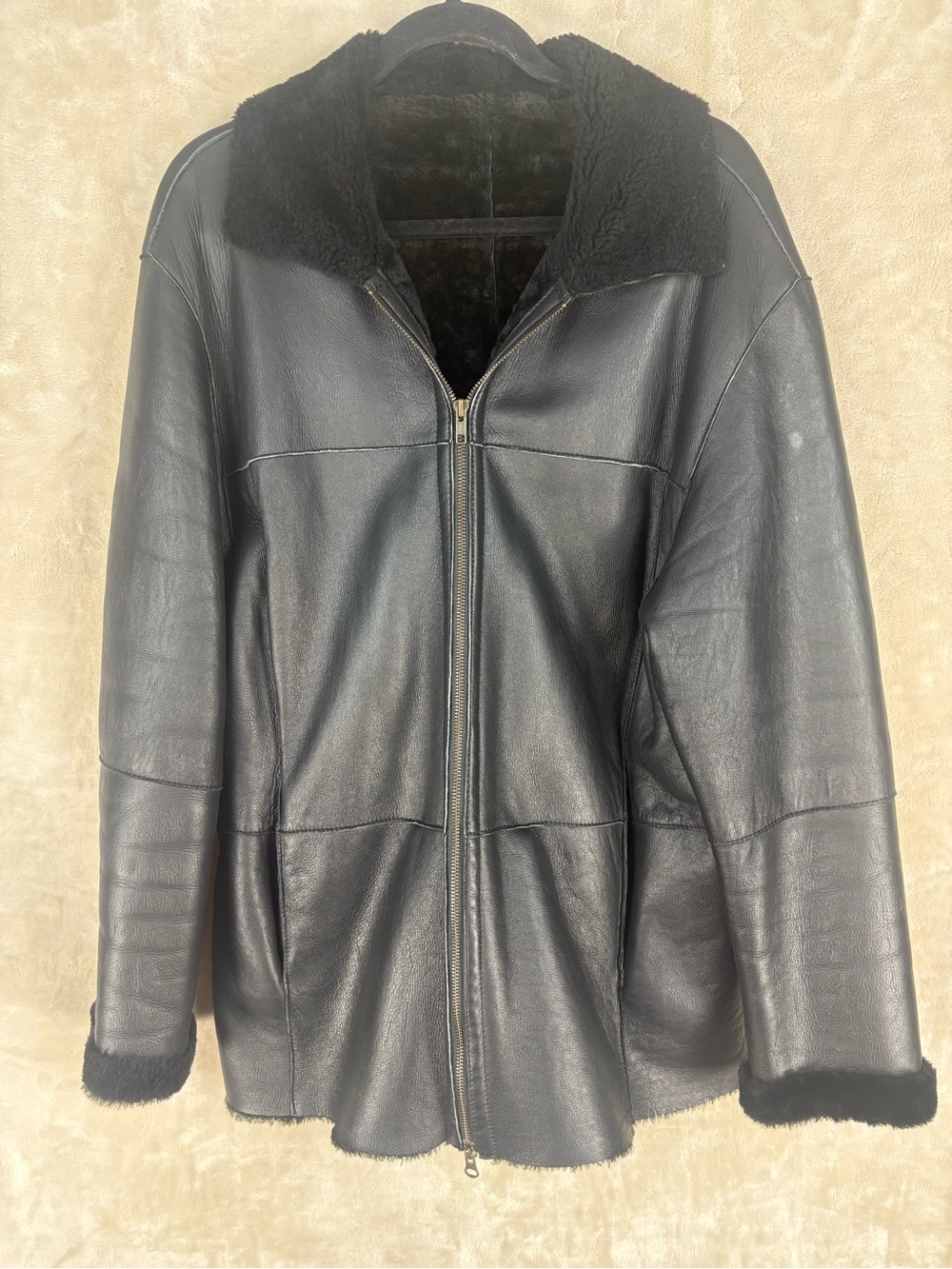 Men's Black Shearling-Trim Leather Zip Car Coat
